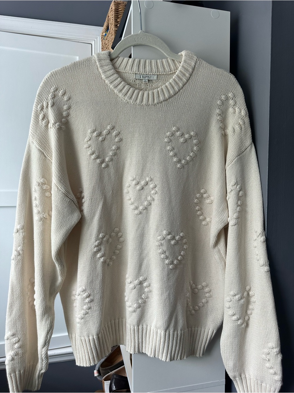 Z Supply Cream Crewneck Sweater with Pom-Puff Hearts